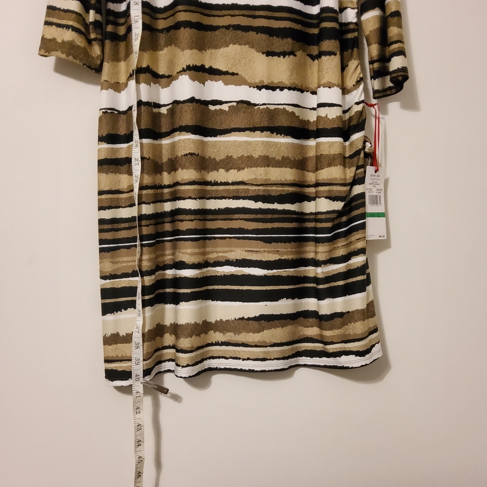 Ruby Rd. Brown/Tan/Black/Cream Striped Ruched Shift Midi Dress - Picture 3 of 8